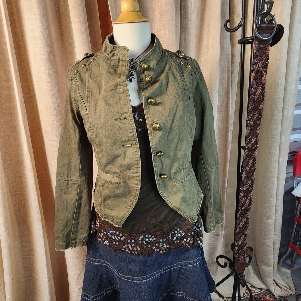 Xhilaration Military Jacket L Green Cotton Studded Brass Button Band Cropped L